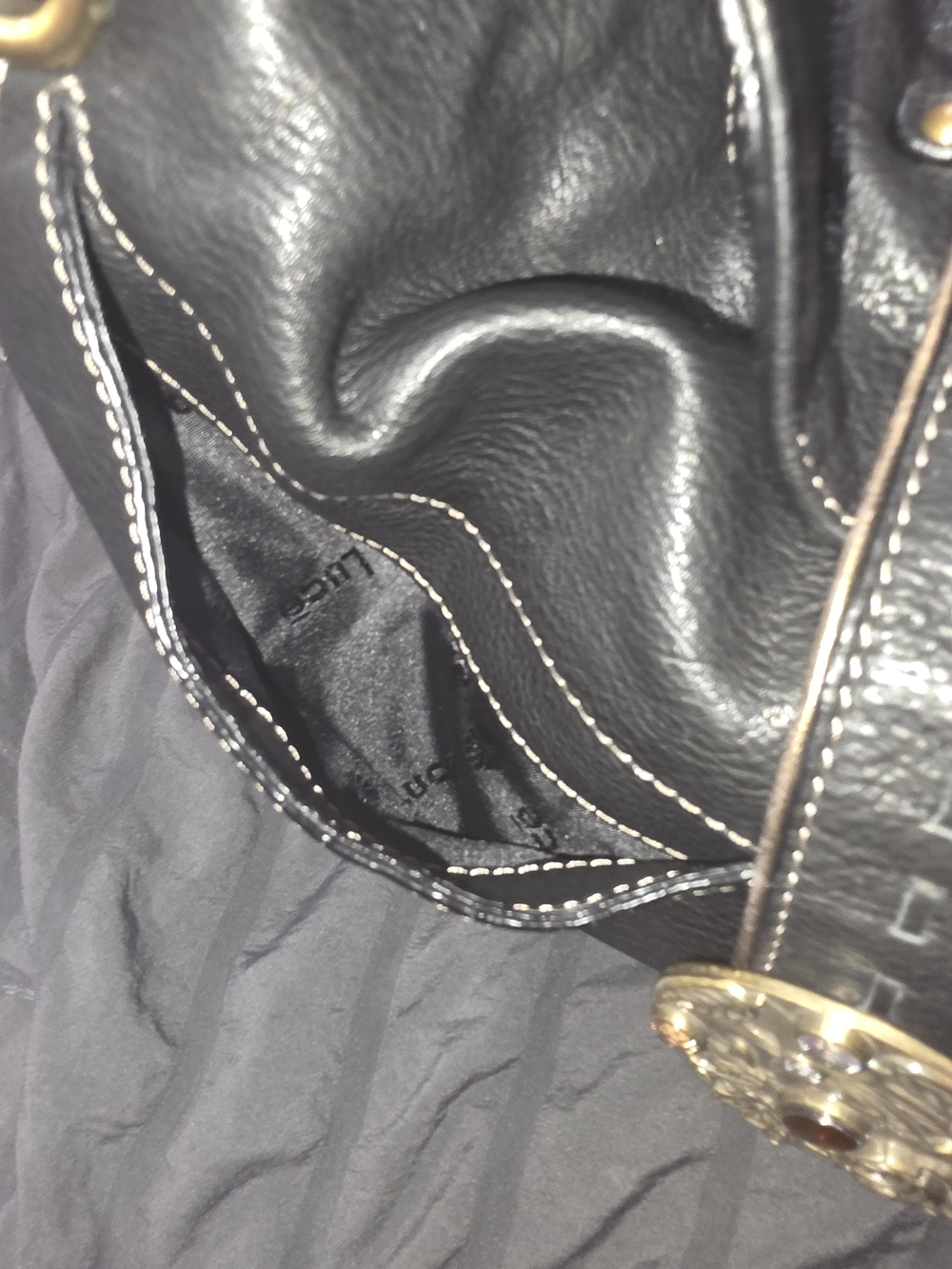 Luce Black Pebbled Leather Shoulder Bag with Decorative Medallion Accent - Picture 7 of 13